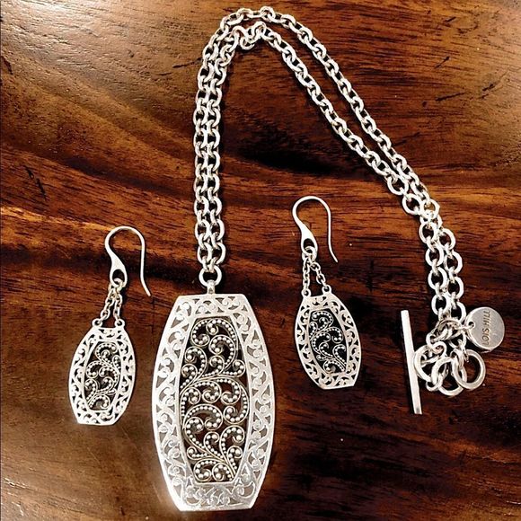 LOIS HILL Sterling Silver Granulated Scroll Oxidized Tonneau Necklace & Earrings - Picture 2 of 16